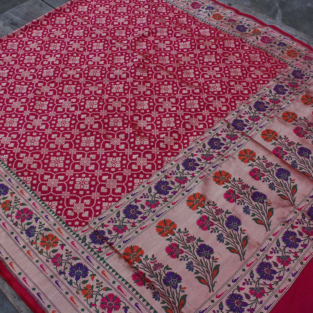 Red-Indian Pink Pure Silk Georgette Banarasi Handloom Saree