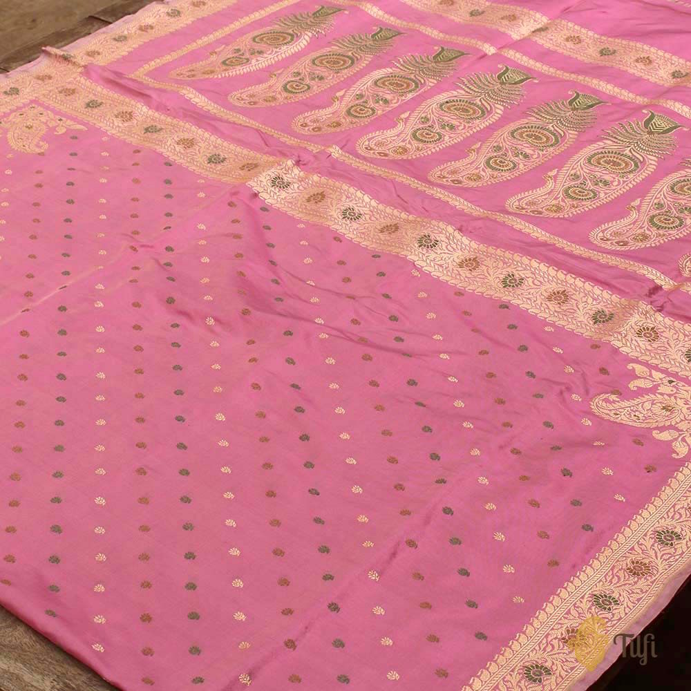 Ivory-Pink Pure Katan Silk Handwoven Kadwa Banarasi Saree