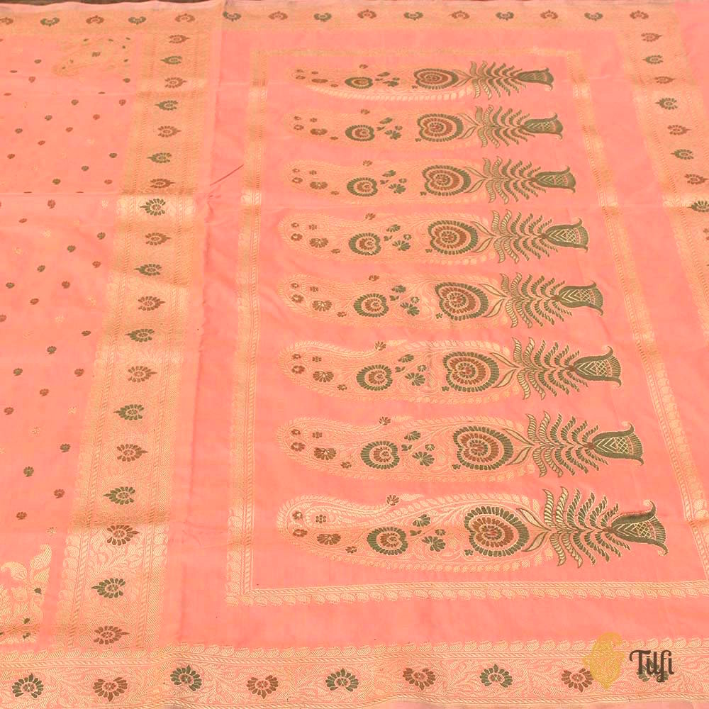 Ivory-Peach Pure Katan Silk Handwoven Kadwa Banarasi Saree