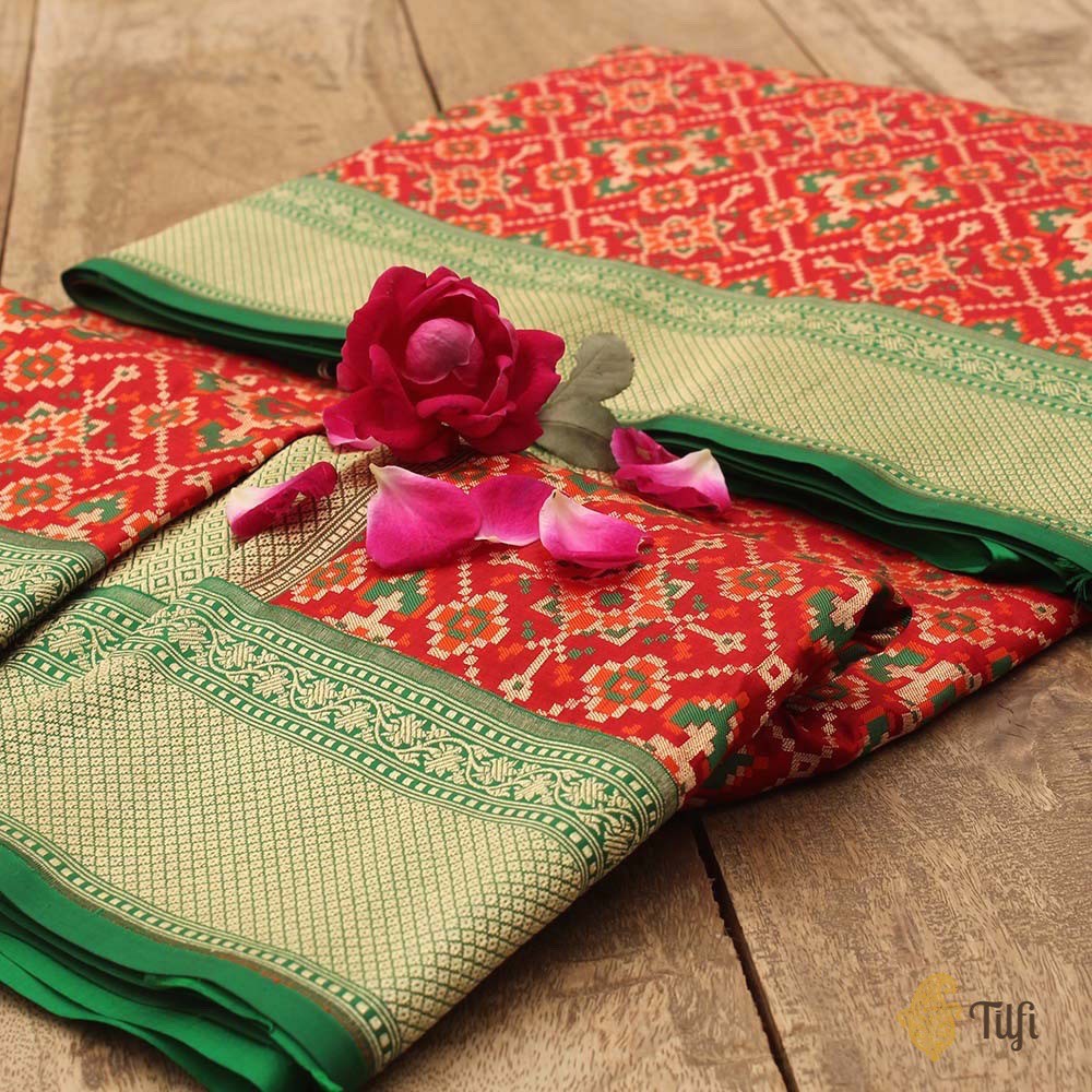 Red-Green Pure Katan Silk Banarasi Patola Handloom Saree