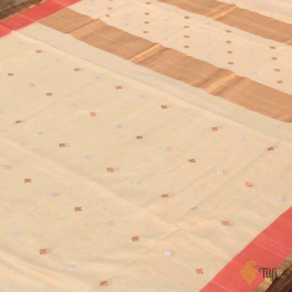 Off-White Pure Silk By Cotton Banarasi Handloom Saree