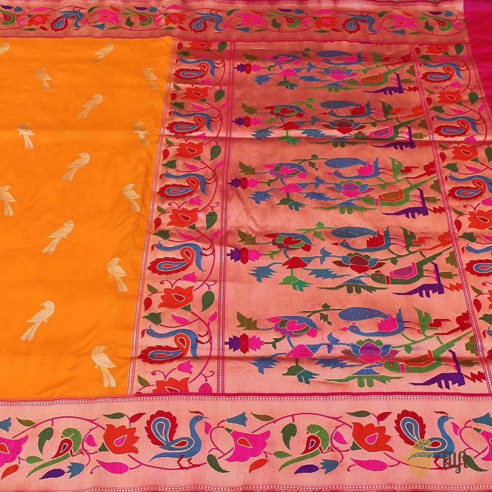 Orange Pure Katan Silk Banarasi Paithani Handloom Saree