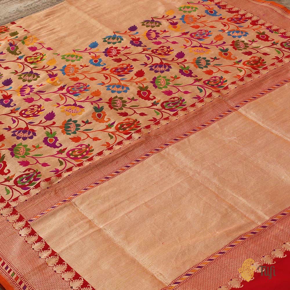 Gold-Red Pure Katan Silk Banarasi Handloom Saree