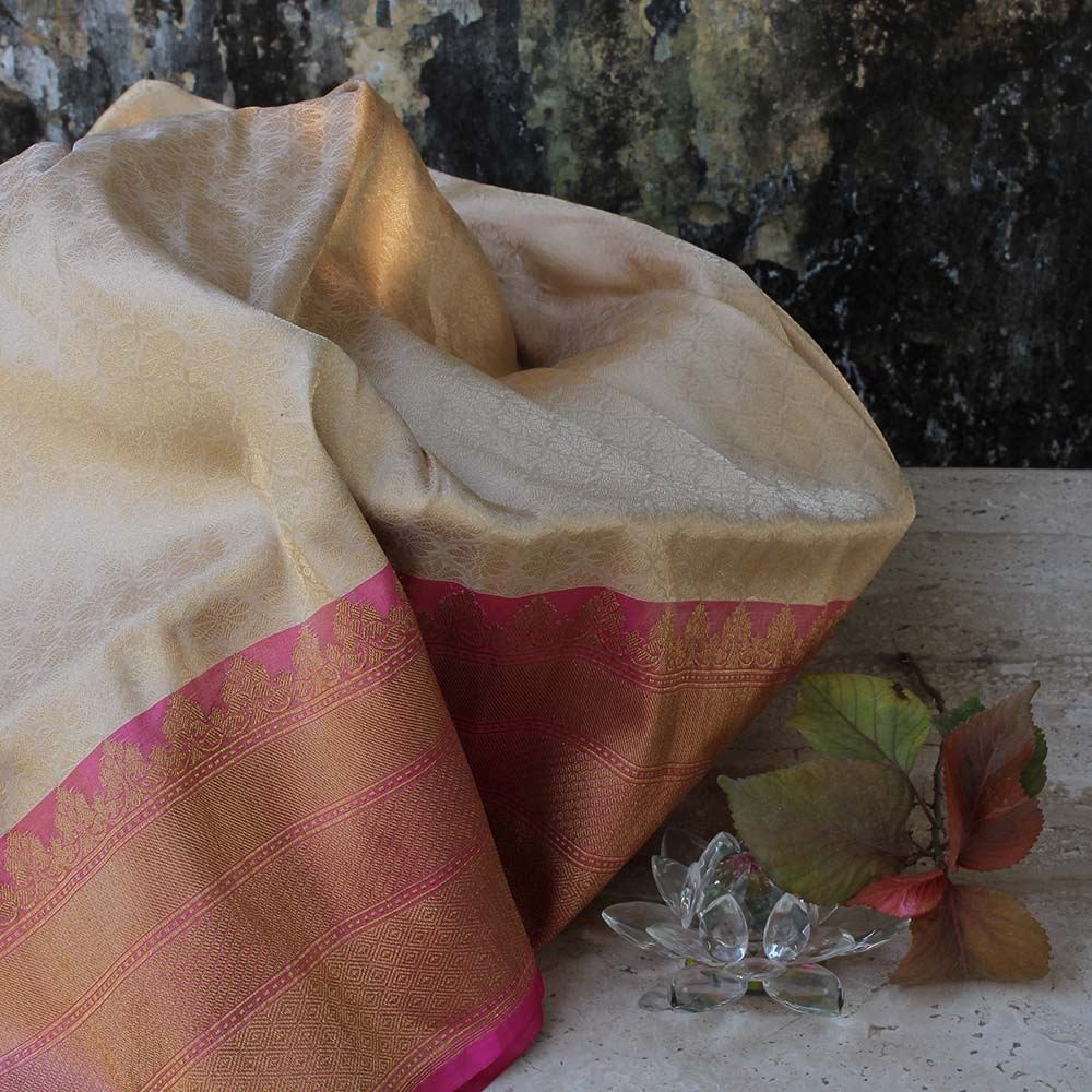 Cream-Pink Pure Katan Silk Banarasi Handloom Saree