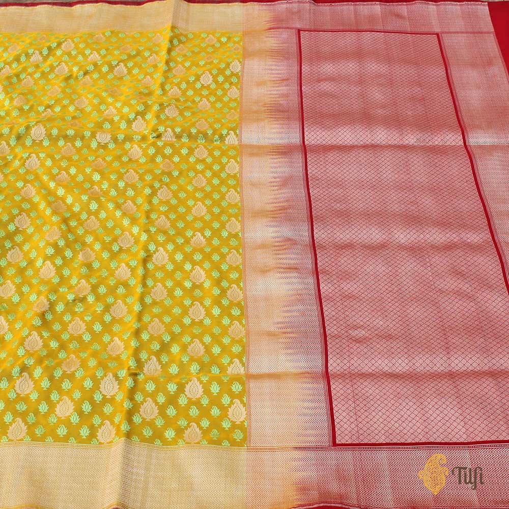 Lemon Yellow-Green Pure Soft Satin Silk Banarasi Handloom Saree