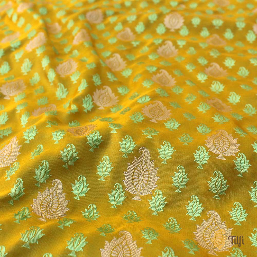 Lemon Yellow-Green Pure Soft Satin Silk Banarasi Handloom Saree