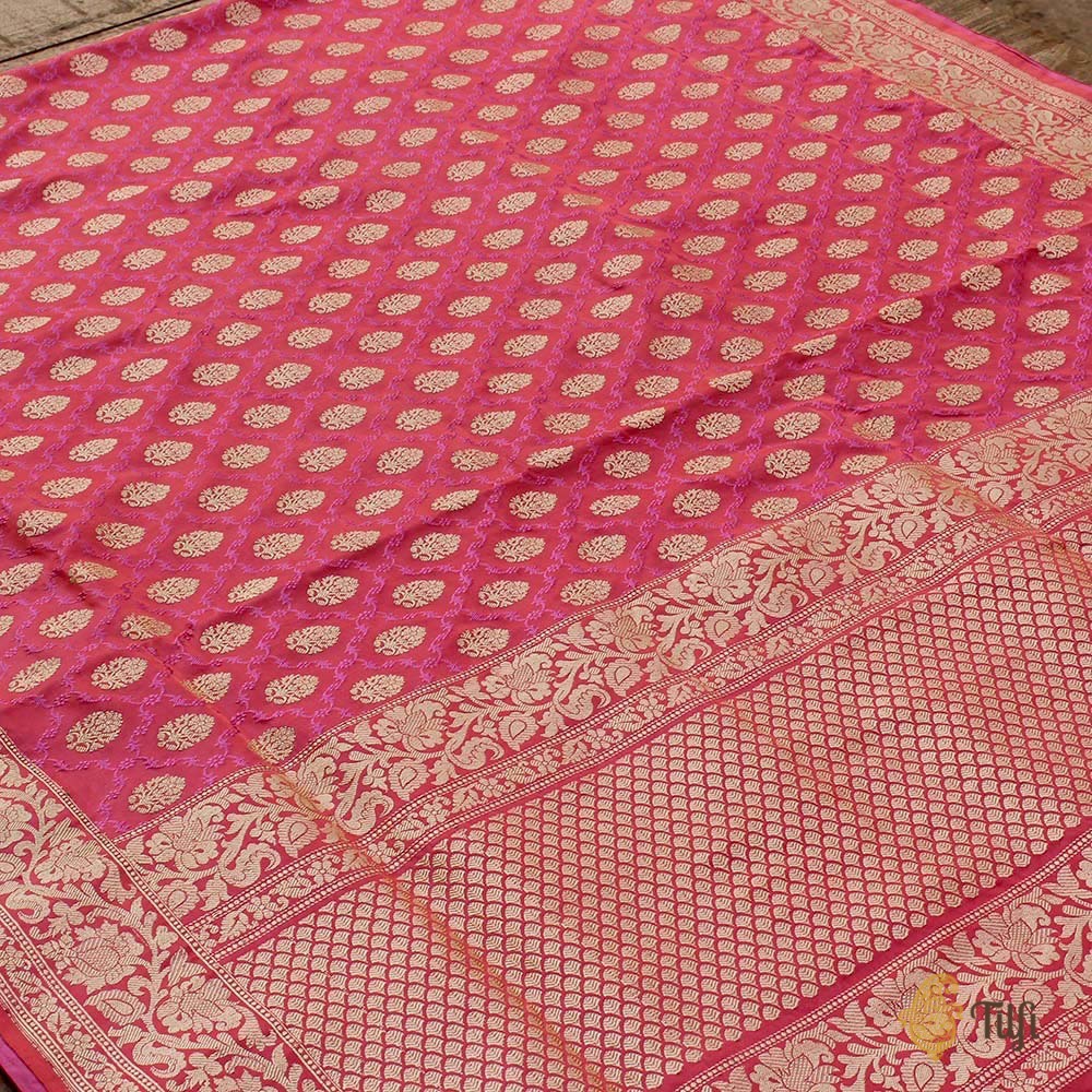 Peach-Fuchsia Pink Pure Soft Satin Banarasi Handloom Saree