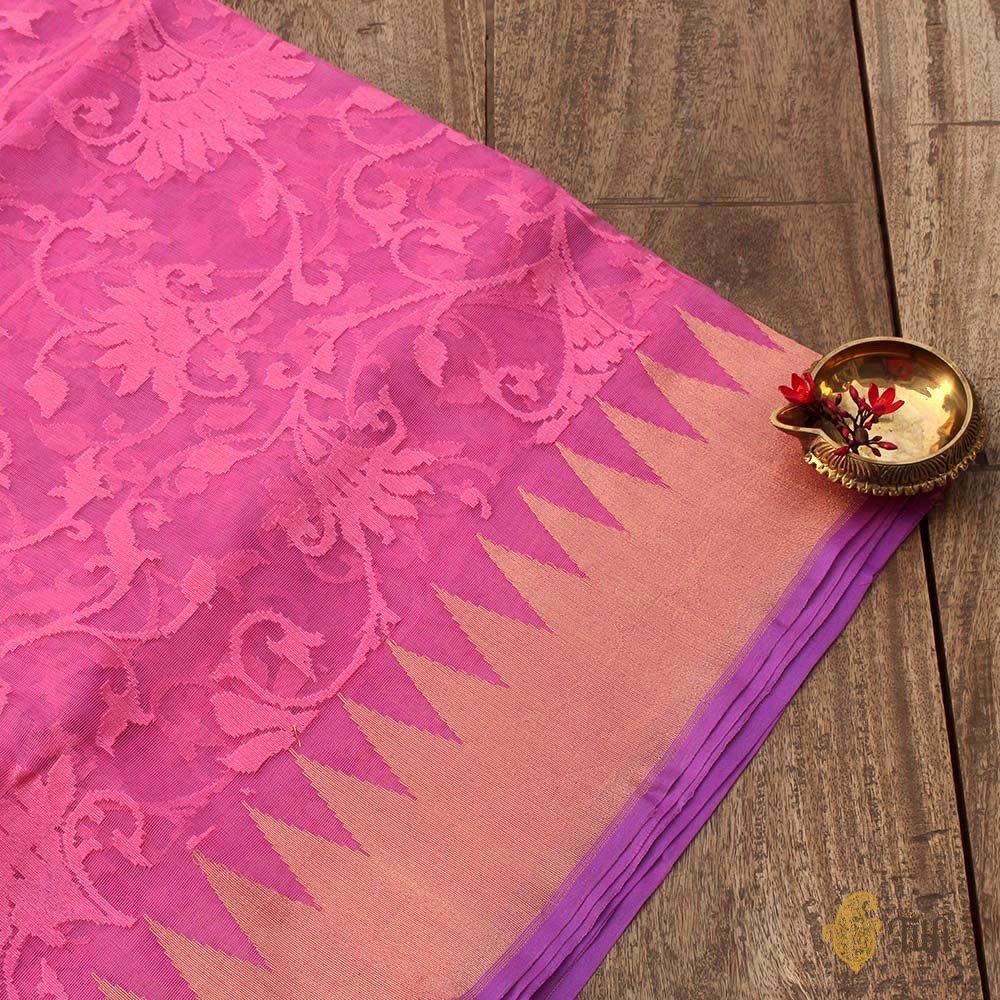 Pink Pure Kora Silk Net Banarasi Handloom Saree