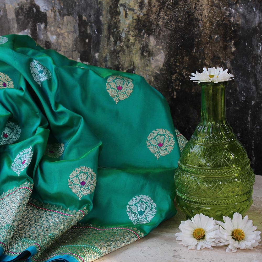 Blue-Green Pure Katan Silk Banarasi Handloom Saree