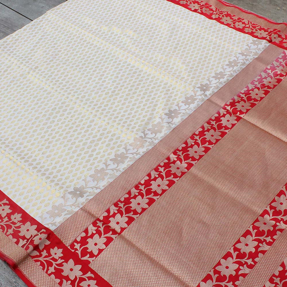 Off White-Red Pure Katan Silk Banarasi Handloom Saree