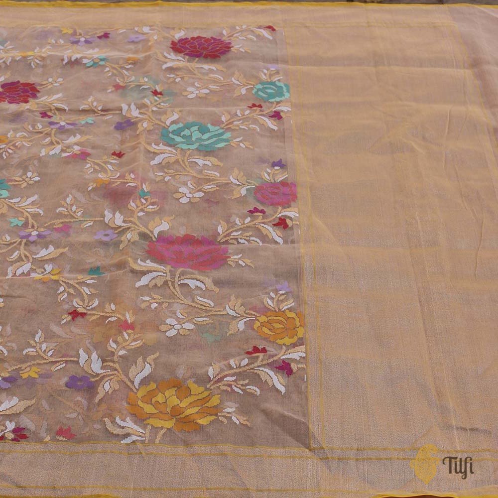Beige Pure Kora Silk by Cotton Banarasi Ektara Handloom Kadwa Saree