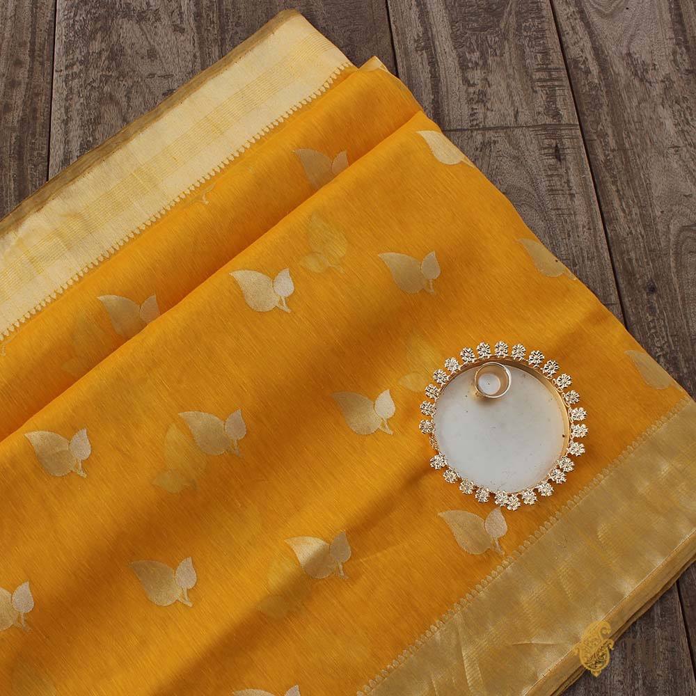 Yellow Pure Kora Linen Banarasi Handloom Saree