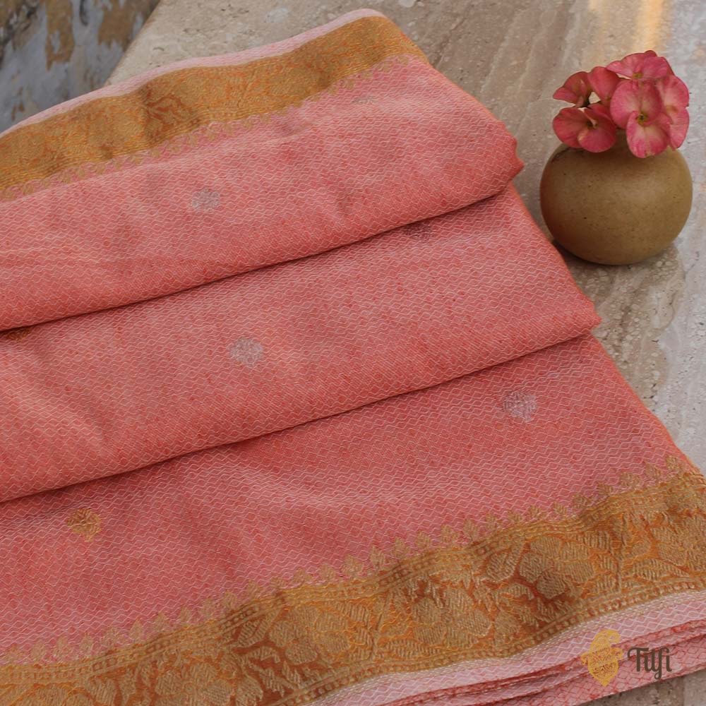 Peach Pure Cotton Banarasi Handloom Saree