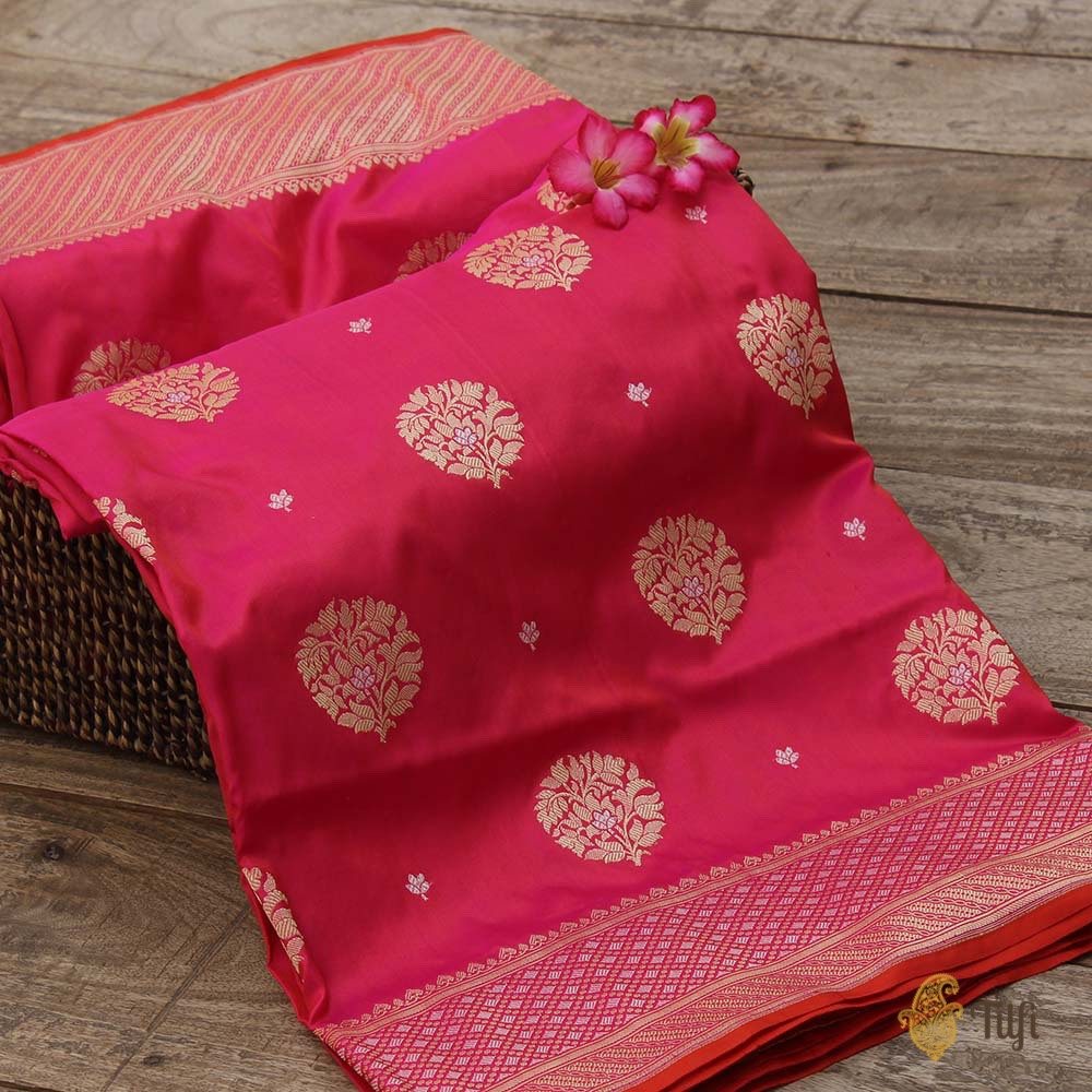 Indian Pink-Orange Pure Katan Silk Banarasi Handloom Saree