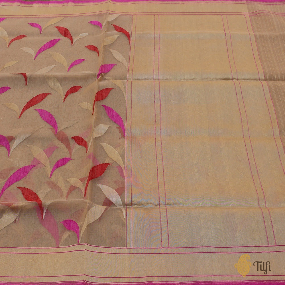 Beige Pure Kora Silk Handwoven Banarasi Saree