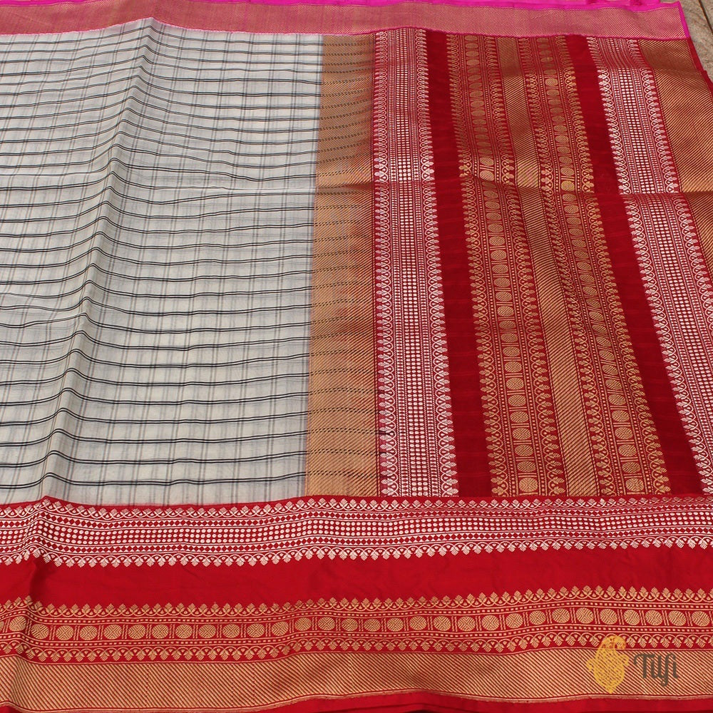 White-Red Pure Kora Silk Banarasi Handloom Saree