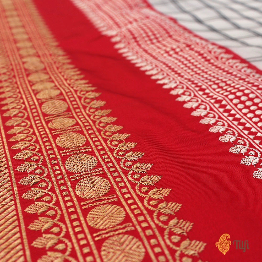 White-Red Pure Kora Silk Banarasi Handloom Saree