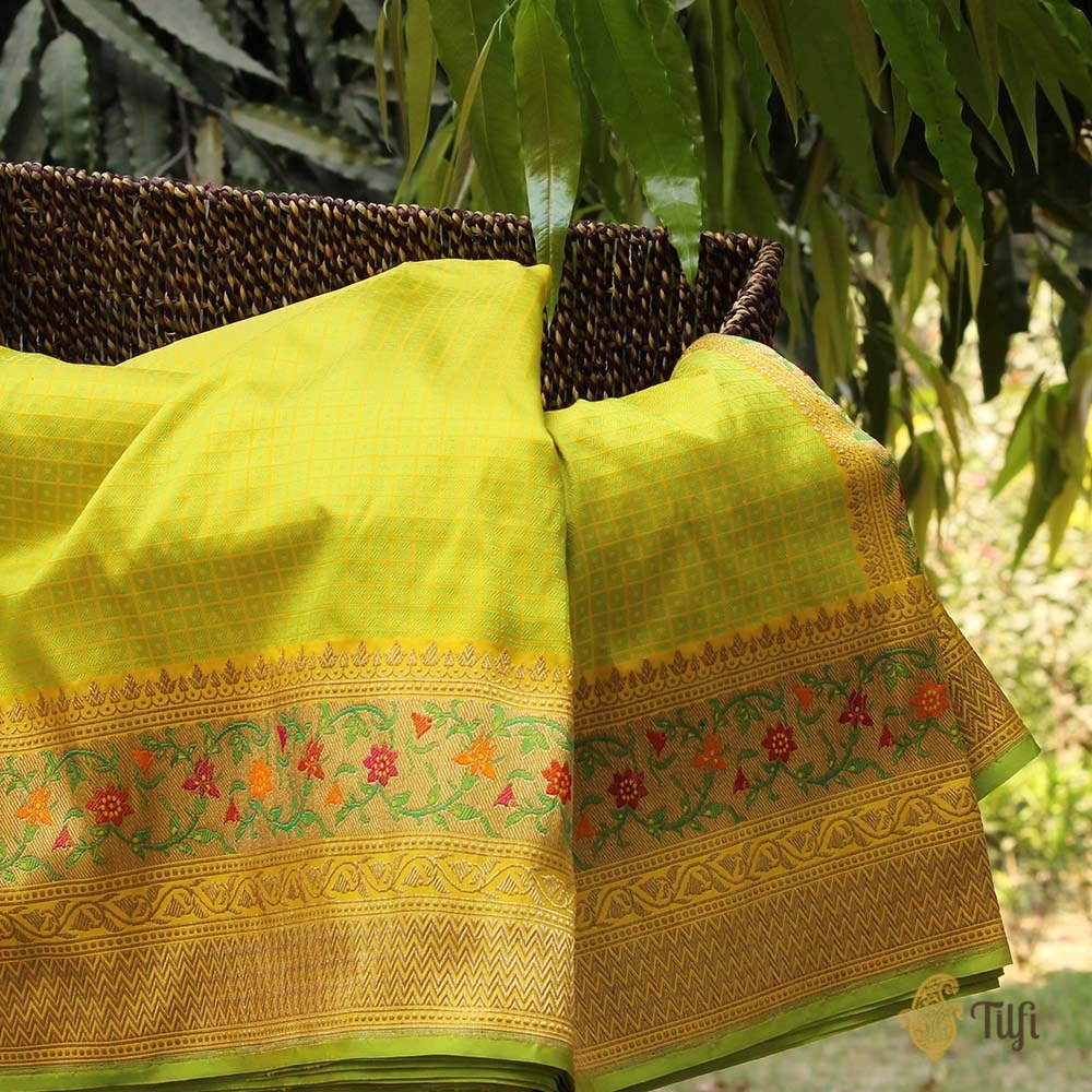 Yellow-Lime Green Pure Katan Silk Banarasi Handloom Saree