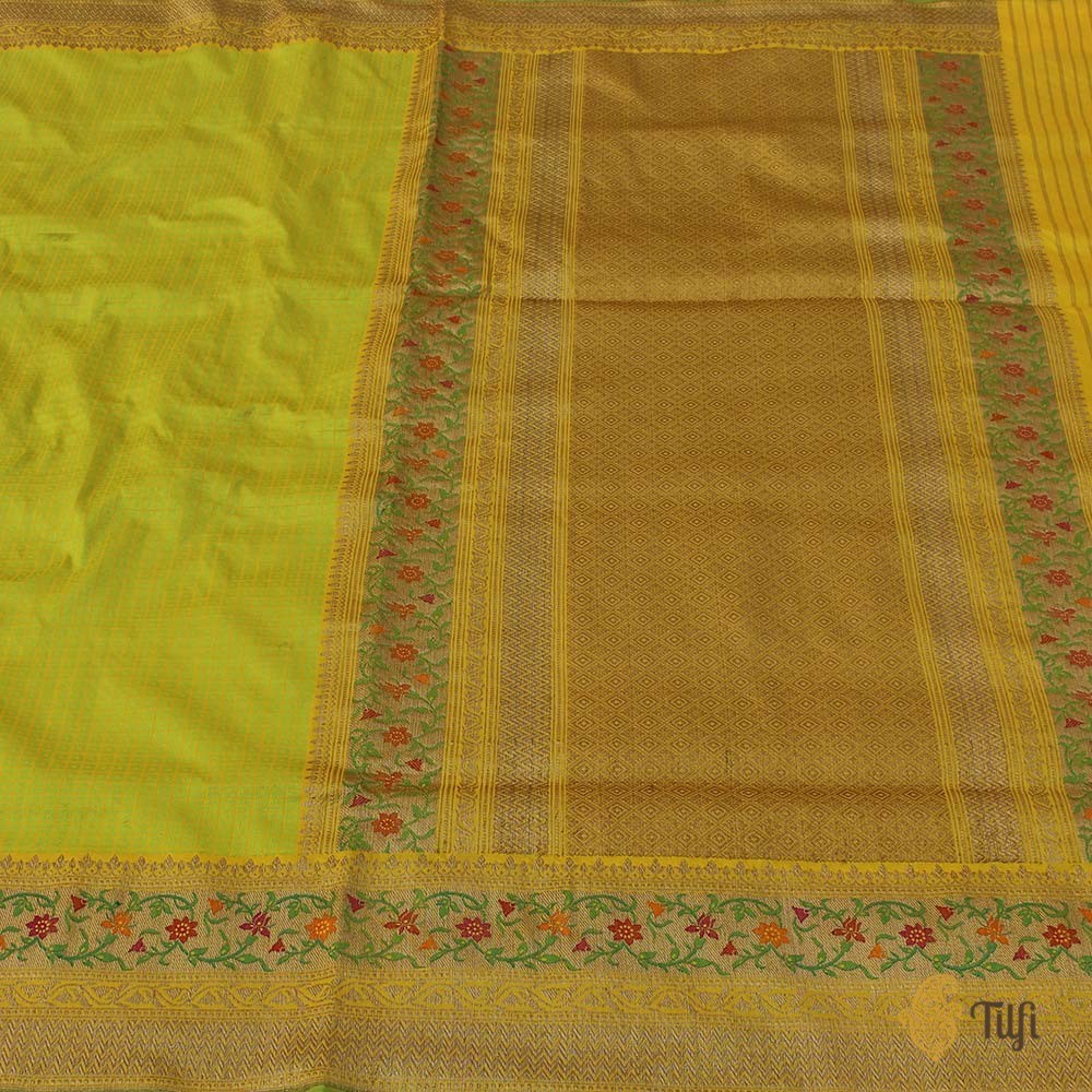 Yellow-Lime Green Pure Katan Silk Banarasi Handloom Saree