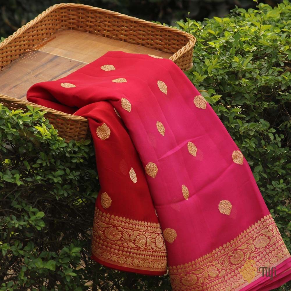 Indian Pink-Red Ombre Pure Georgette Banarasi Handloom Saree