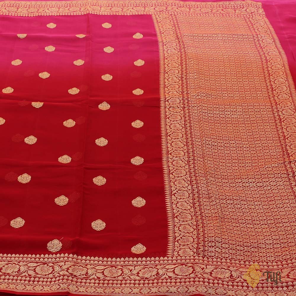 Indian Pink-Red Ombre Pure Georgette Banarasi Handloom Saree