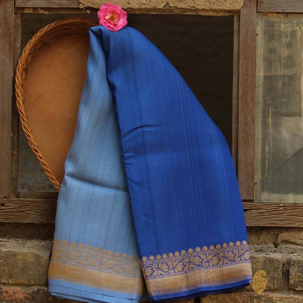 Sky Blue-Egyptian Blue Ombr√© Pure Tussar Georgette Silk Banarasi Handloom Saree