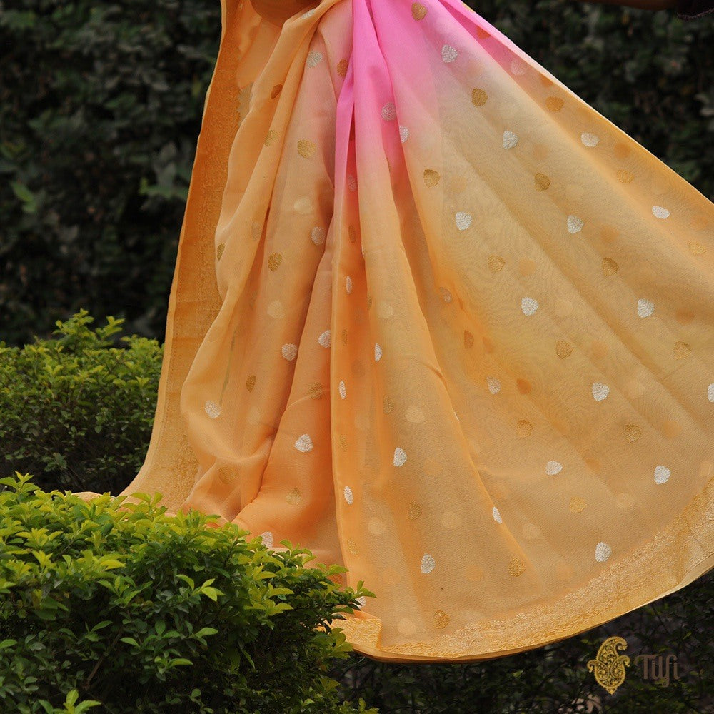 Pink-Peach Ombr√© Pure Georgette Banarasi Handloom Saree