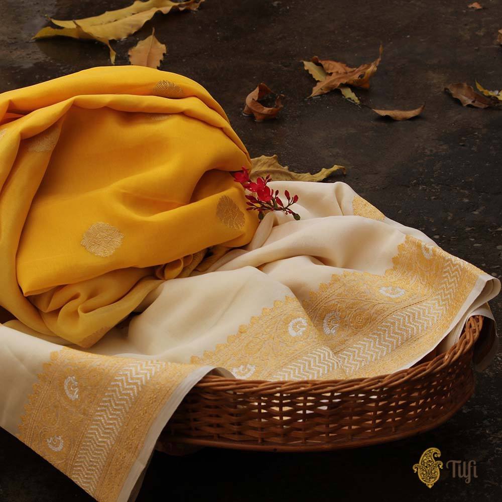 Cream-Yellow Ombr√© Pure Georgette Banarasi Handloom Saree
