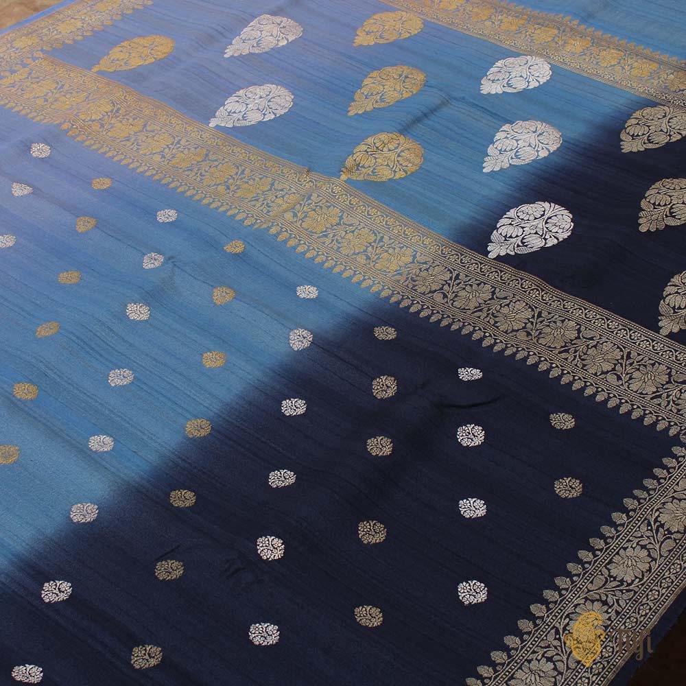 Denim-Navy Blue Ombr√© Pure Tussar Georgette Silk Banarasi Handloom Saree