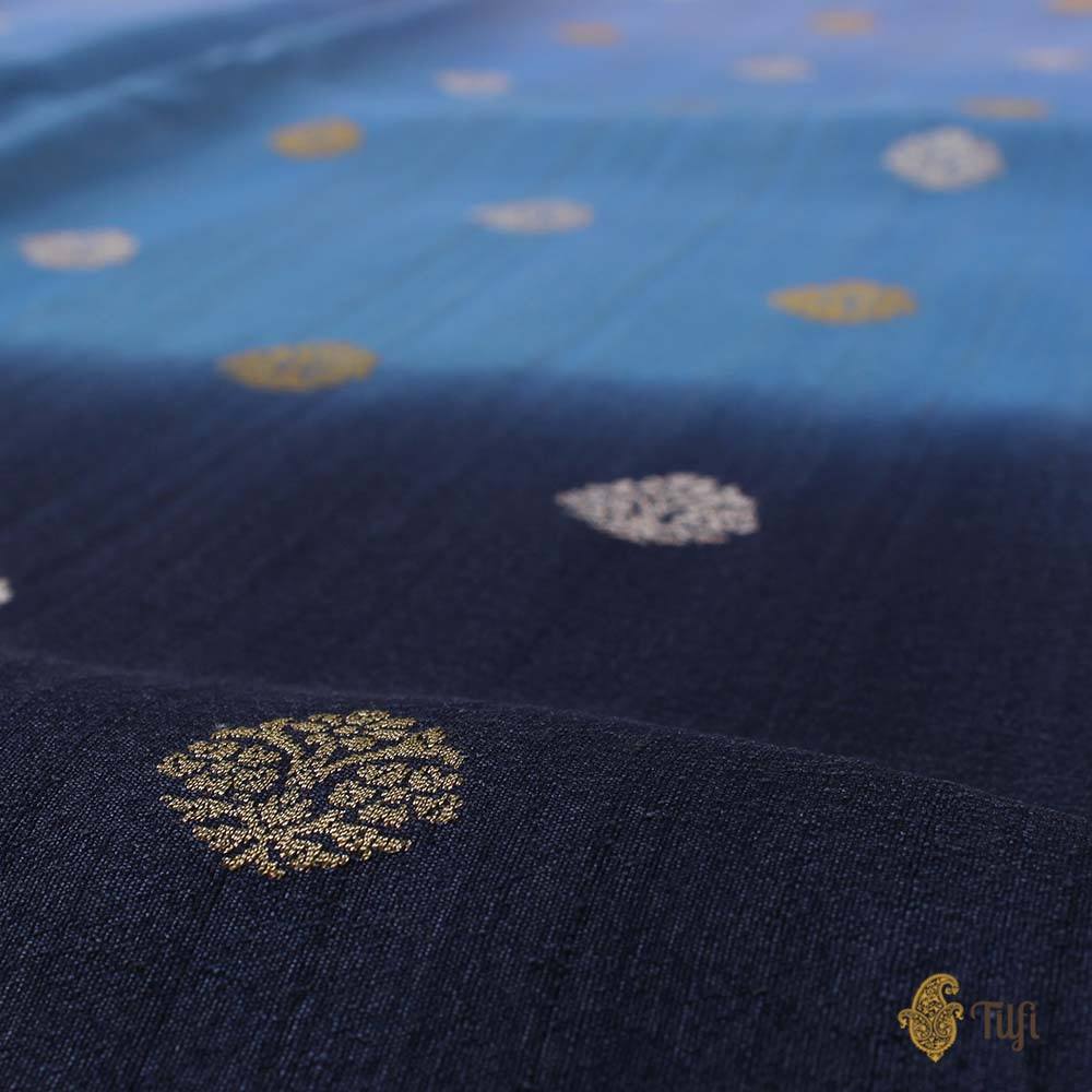 Denim-Navy Blue Ombr√© Pure Tussar Georgette Silk Banarasi Handloom Saree
