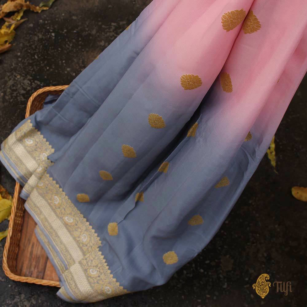 Light Pink-Grey Ombr√© Pure Georgette Banarasi Handloom Saree