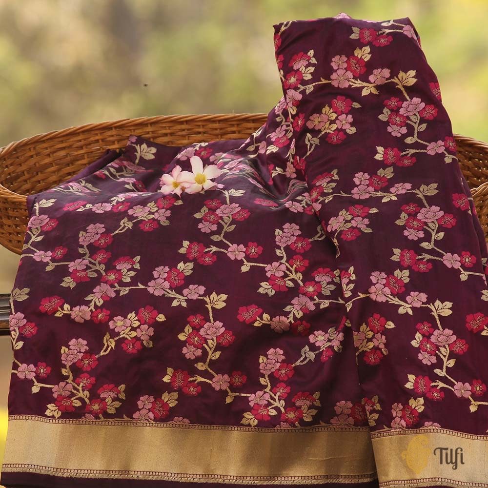 &#39;Cherry Blossoms&#39; Black-Magenta Pure Katan Silk Banarasi Floral Handloom Saree