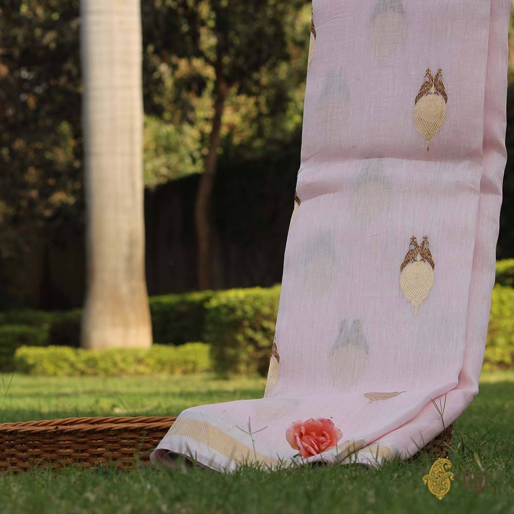 Baby Pink Pure Kora Silk by Linen Banarasi Handloom Saree