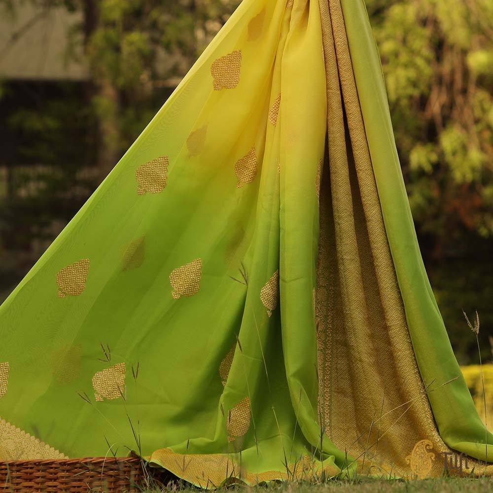 Lemon Yellow-Lime Green Ombr√© Pure Khaddi Georgette Banarasi Handloom Saree