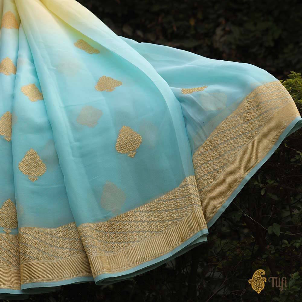 Light Yellow-Light Blue Ombr√© Pure Khaddi Georgette Banarasi Handloom Saree