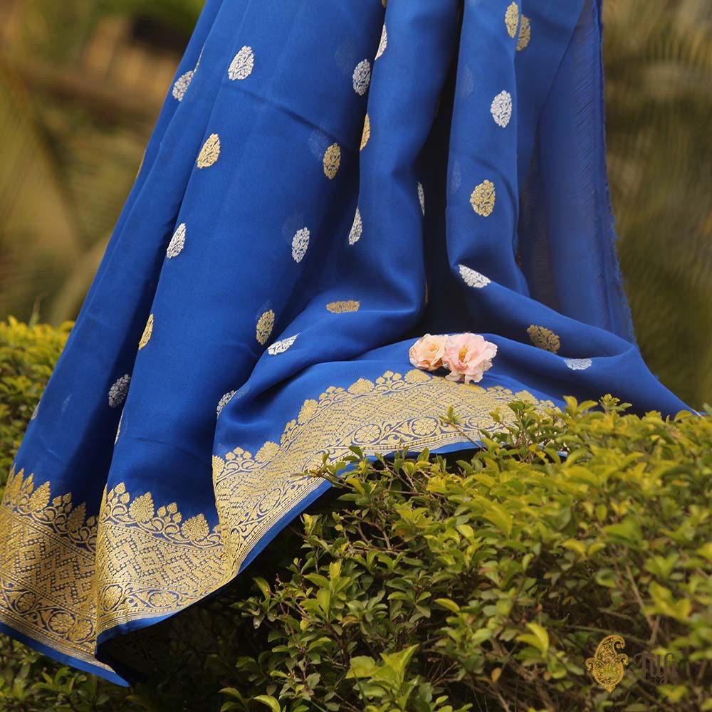 Sky Blue-Persian Blue Ombr√© Pure Georgette Banarasi Handloom Saree