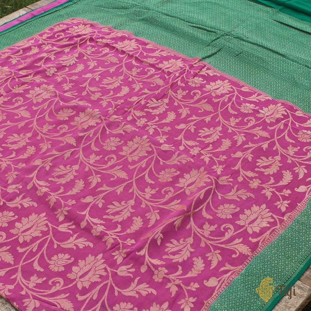 Gajri Pink-Green Pure Georgette Banarasi Handloom Saree