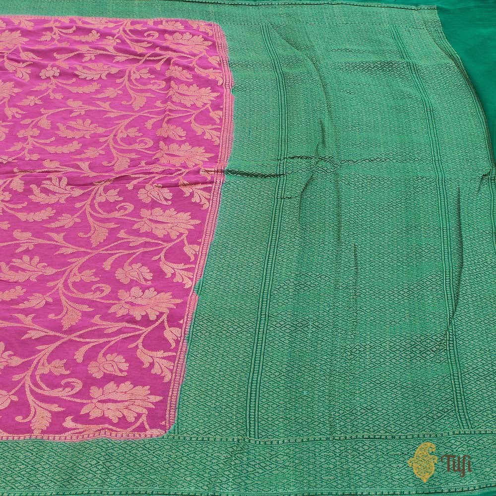 Gajri Pink-Green Pure Georgette Banarasi Handloom Saree