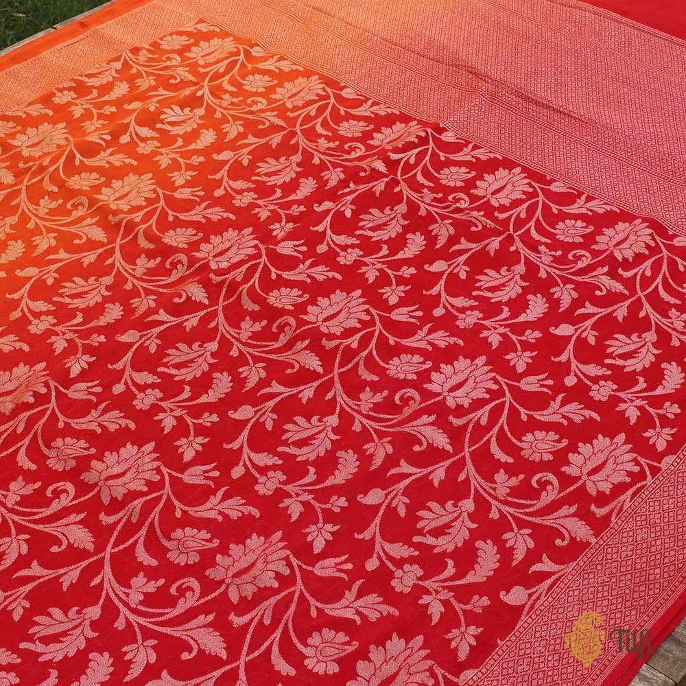 Orange-Red Ombr√© Pure Georgette Banarasi Handloom Saree