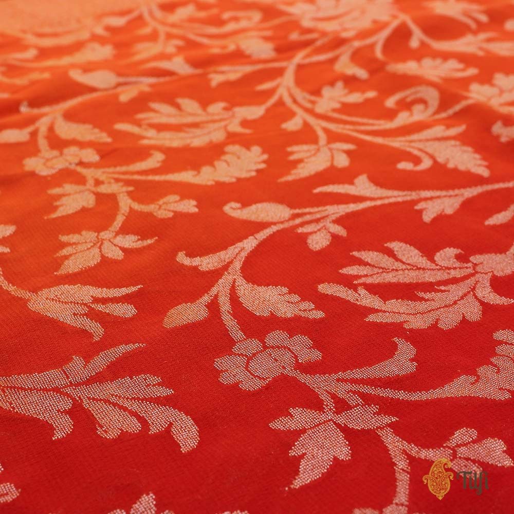 Orange-Red Ombr√© Pure Georgette Banarasi Handloom Saree
