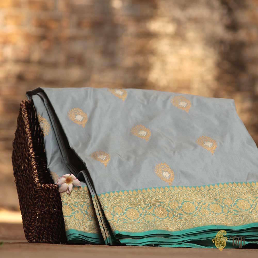 Blueish Grey-Turquoise Pure Katan Silk Handloom Banarasi Saree