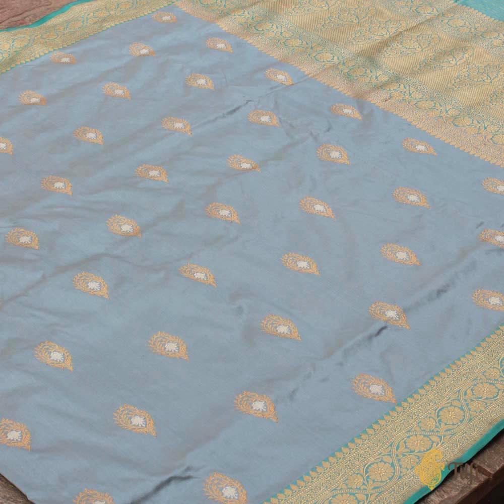 Blueish Grey-Turquoise Pure Katan Silk Handloom Banarasi Saree