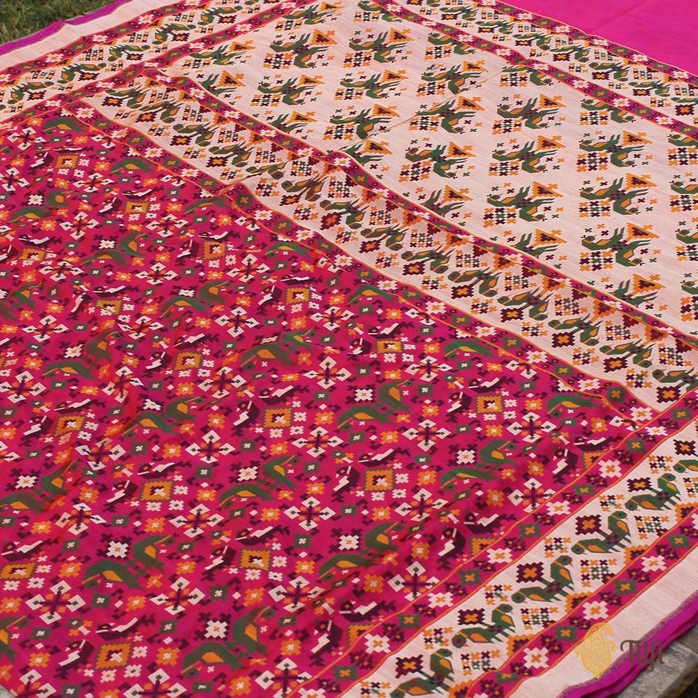 Orange-Rani Pink Pure Katan Silk Banarasi Handloom Patola Saree