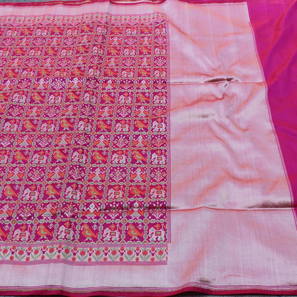 Red-Indian Pink Pure Katan Silk Banarasi Handloom Patola Saree