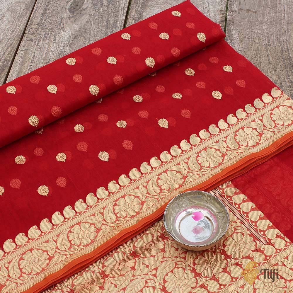 Deep Red Pure Kora Silk Handwoven Banarasi Saree