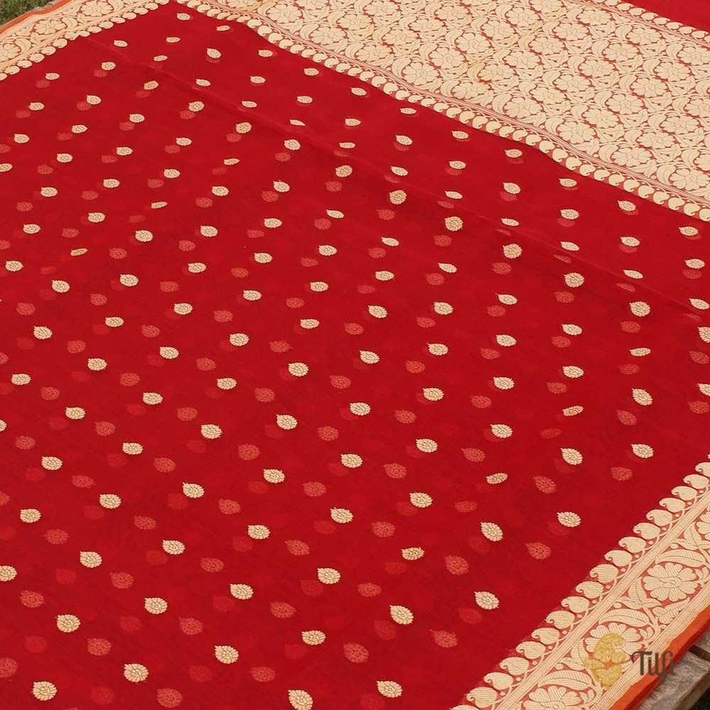Deep Red Pure Kora Silk Handwoven Banarasi Saree