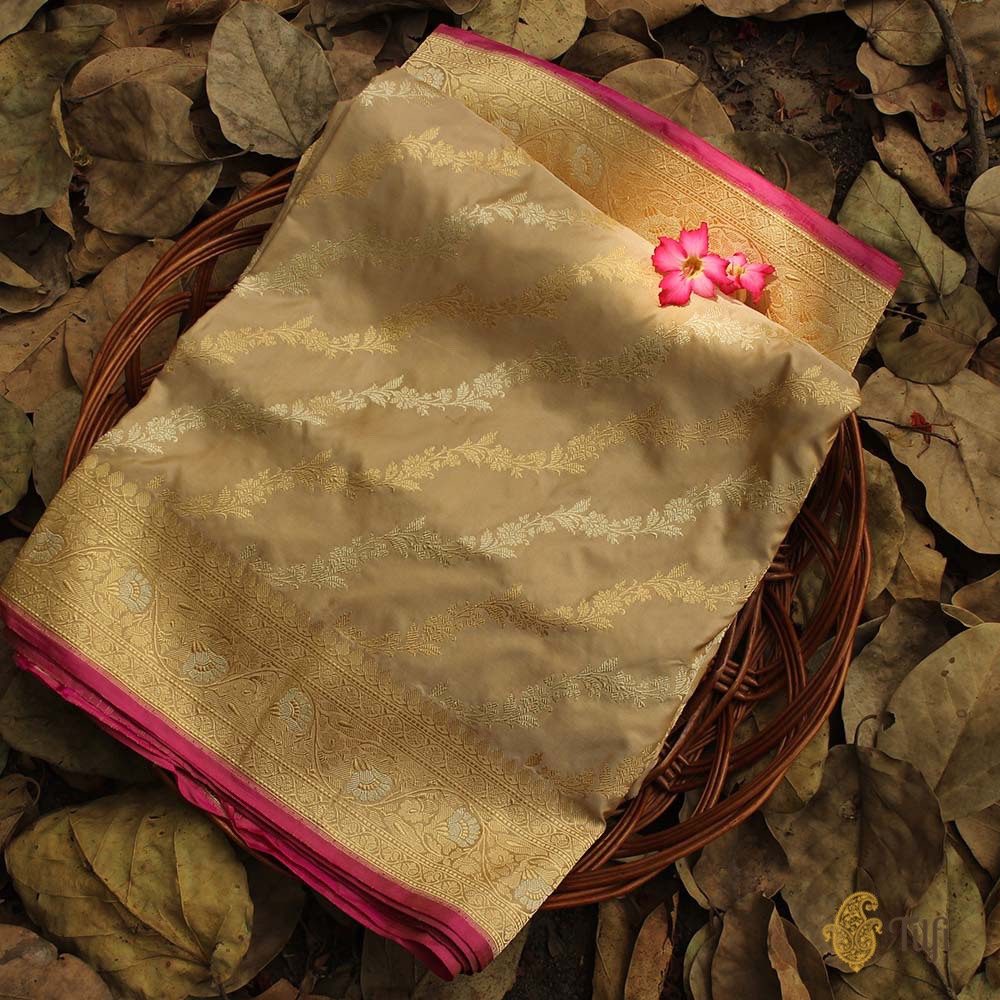 &#39;Sohini&#39; Cream-Beige Pure Katan Silk Banarasi Handloom Saree