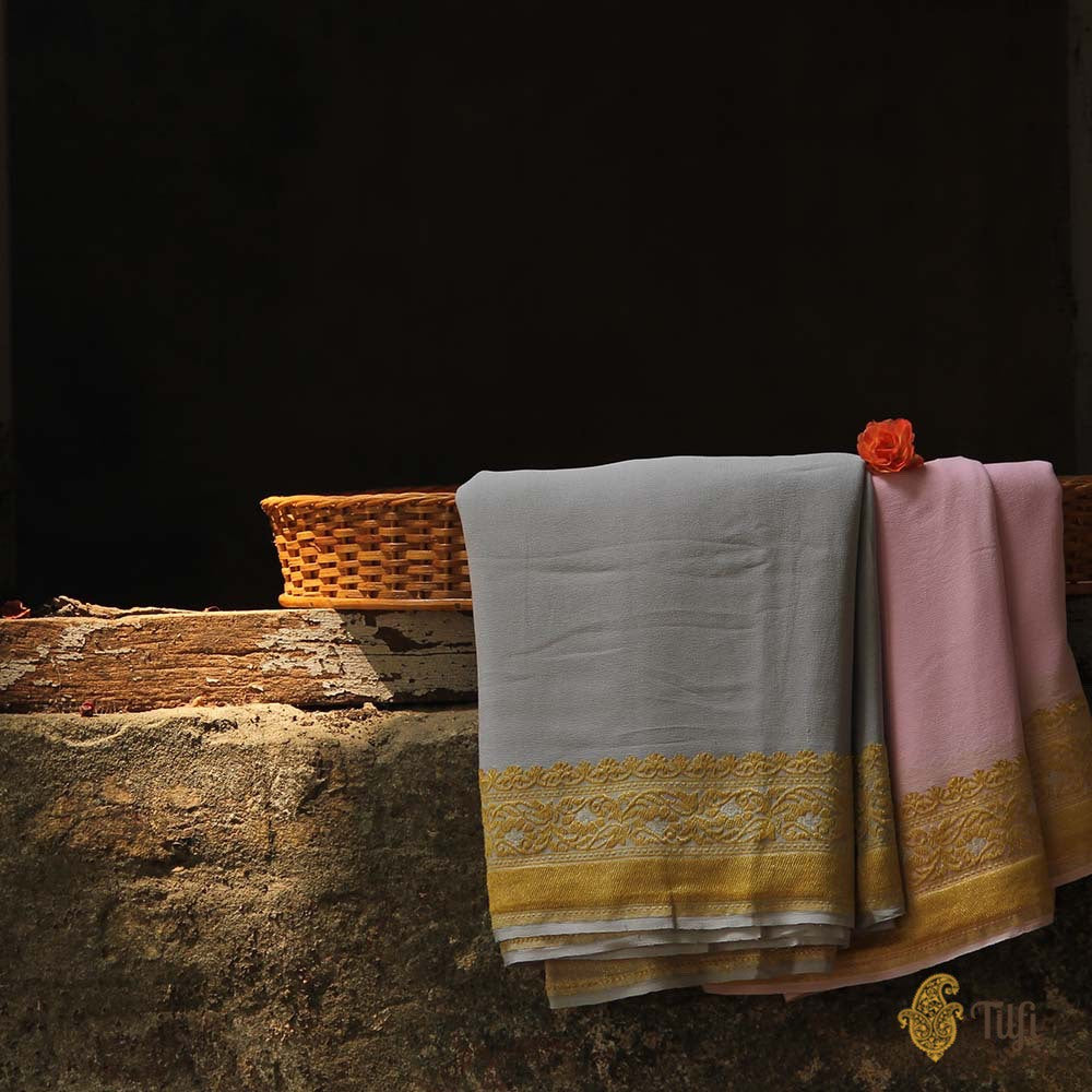 Light Grey-Pink Ombr√© Pure Georgette Banarasi Handloom Saree