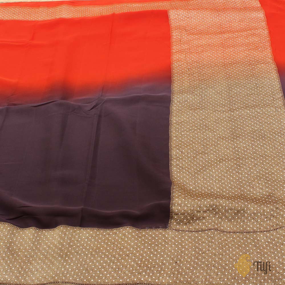 Orange-Purplish Brown Ombr√© Pure Georgette Banarasi Handloom Saree