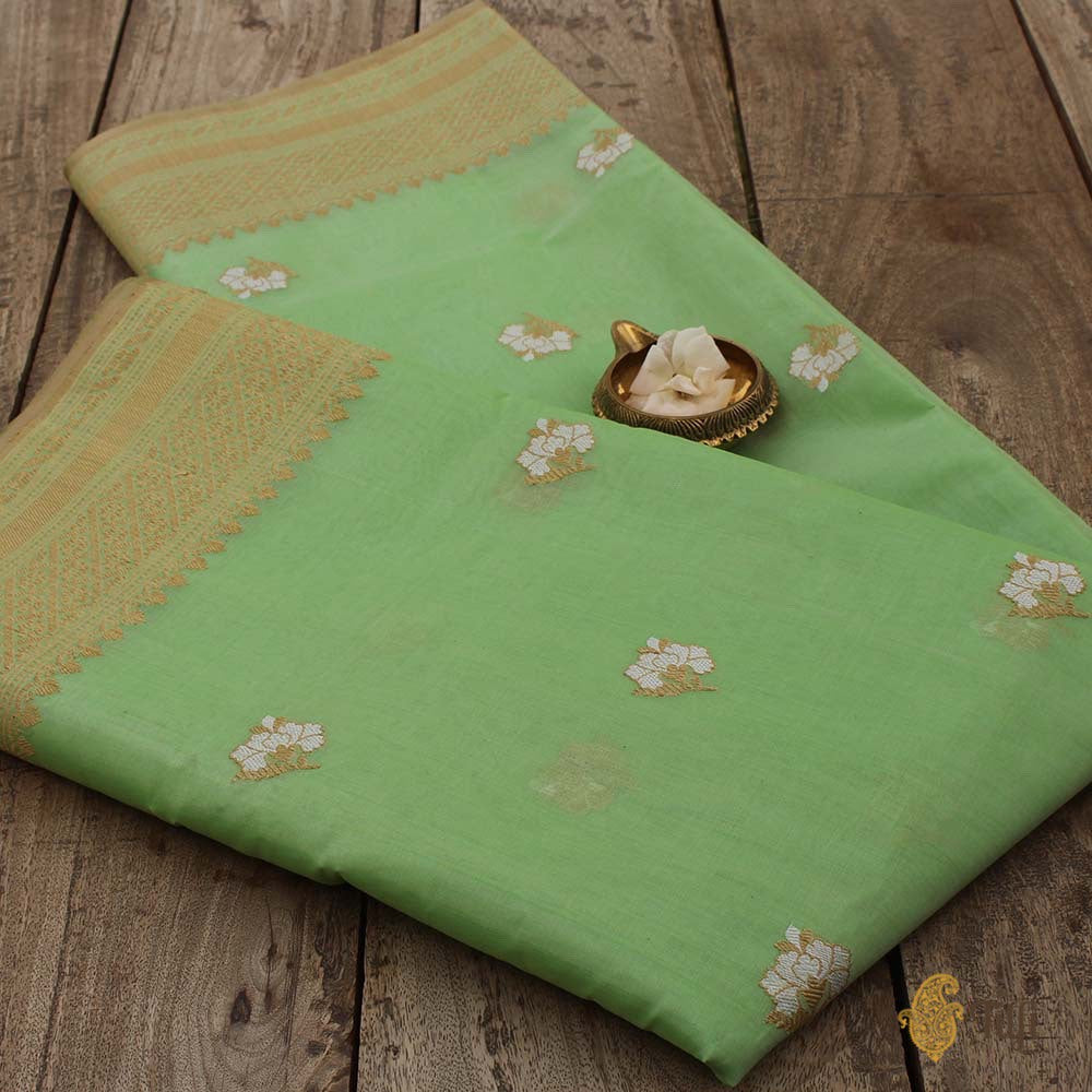 Light Pista Green Pure Kora Silk by Cotton Handloom Banarasi Saree